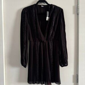 New The Kooples Short Black Lace Dress V-Neck Pleated Long Sleeve Sz 2 EU